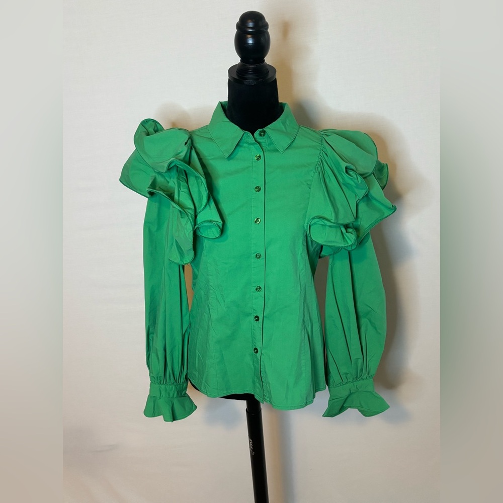 New York & Company Emerald Ruffle Sleeve Blouse